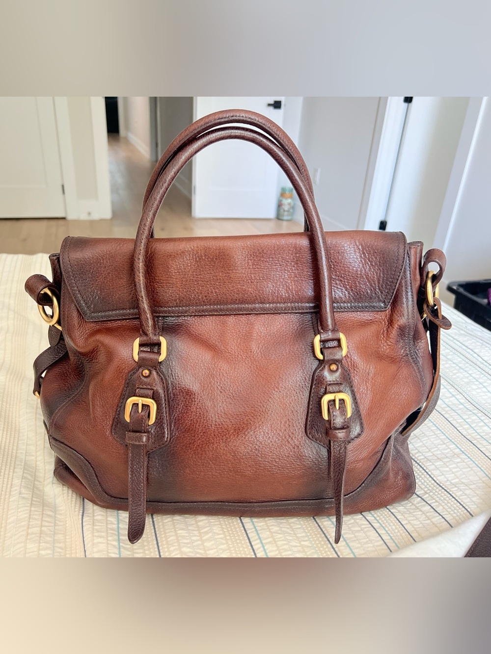 Prada Brown Pebbled Leather Top-Handle/Shoulder Bag/Tote with Gold Hardware - Picture 3 of 16